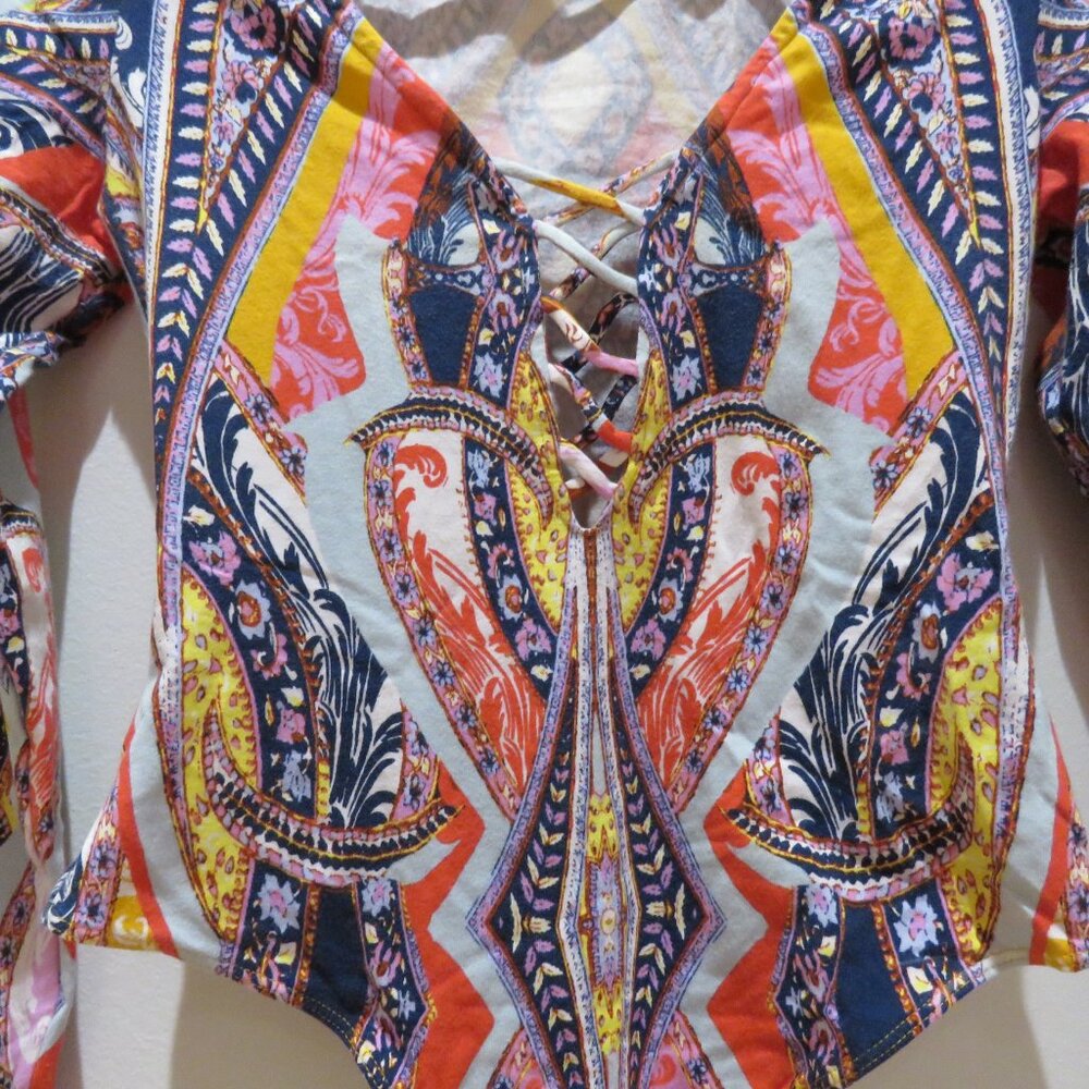 FREE PEOPLE Pick A Place Lace Up Paisley Bodysuit Stretch Boho Multicolor XS - Picture 9 of 15